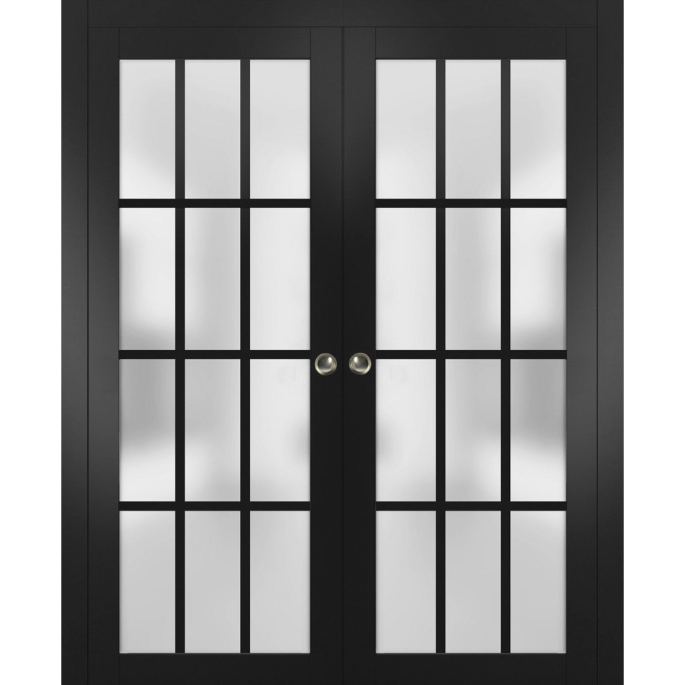 Sliding Pocket Doors, Felicia 3312 Black Frosted Glass, Rail, 48"x96