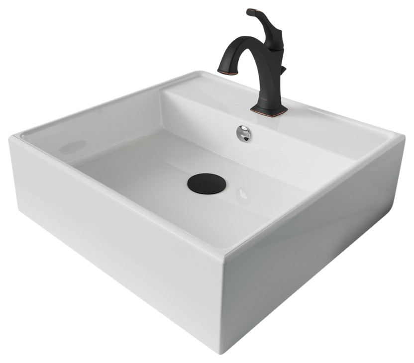 Elavo Square Ceramic Vessel Sink, Bathroom Arlo Faucet, PU Drain