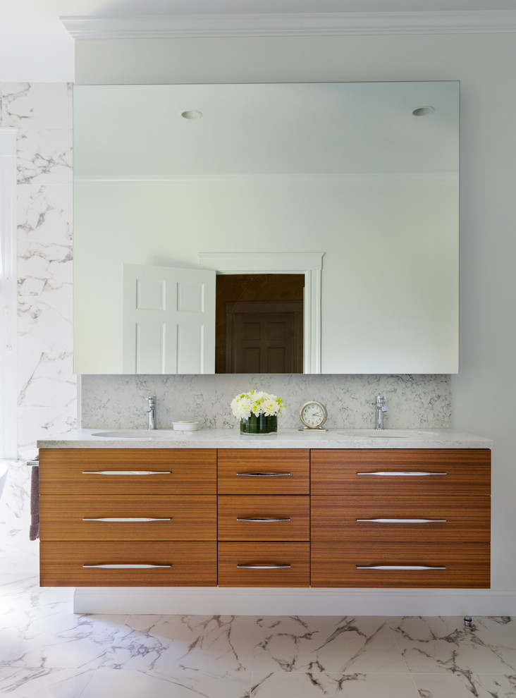Design ideas for a small contemporary master bathroom in Boston with flat-panel cabinets, medium wood cabinets, porcelain tile, porcelain floors, white walls and white tile.