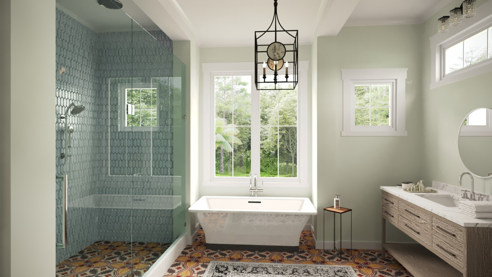 Medium sized nautical ensuite bathroom in Other with freestanding cabinets, brown cabinets, a freestanding bath, a built-in shower, blue tiles, porcelain tiles, green walls, mosaic tile flooring, a submerged sink, marble worktops, white worktops, a single sink and a freestanding vanity unit.