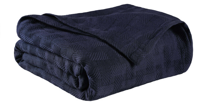 100% Cotton Basketweave Thermal Woven Blanket, Navy Blue, Throw
