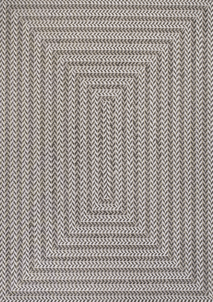 Chevron Modern Concentric Squares Indoor/Outdoor Area Rug, Black/Light Gray, 8x10