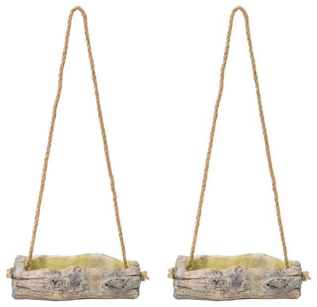 Set Of 2 Cement Hanging Log Planter w/ Rope 9.5x4.5x3"