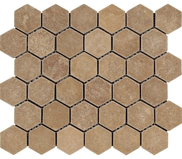 Noce Travertine Hexagon Mosaic 2x2 Tumbled Mosaic Tiles