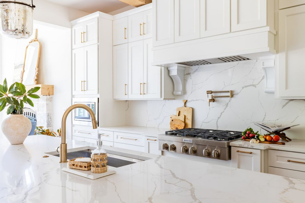 Inspiration for a transitional kitchen remodel in Atlanta with recessed-panel cabinets