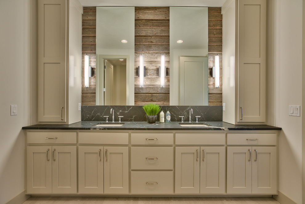 Mid-sized modern master bathroom in Omaha with flat-panel cabinets, grey cabinets, an open shower, a one-piece toilet, white tile, ceramic tile, white walls, ceramic floors, an undermount sink and soapstone benchtops.