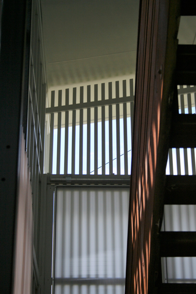 Immagine di un corridoio moderno di medie dimensioni con pareti bianche, pavimento in legno massello medio, una porta singola, una porta bianca, pavimento marrone, travi a vista e boiserie