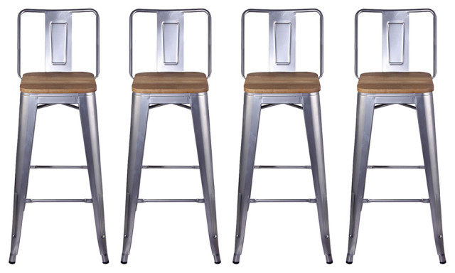 Metal Silver Bar Stools With Middle Back Light Wooden Seat, Set of 4 ...