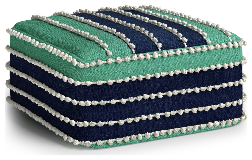 Garbo Square Woven Pouf, Aqua, Navy and White Recycled Pet Polyester