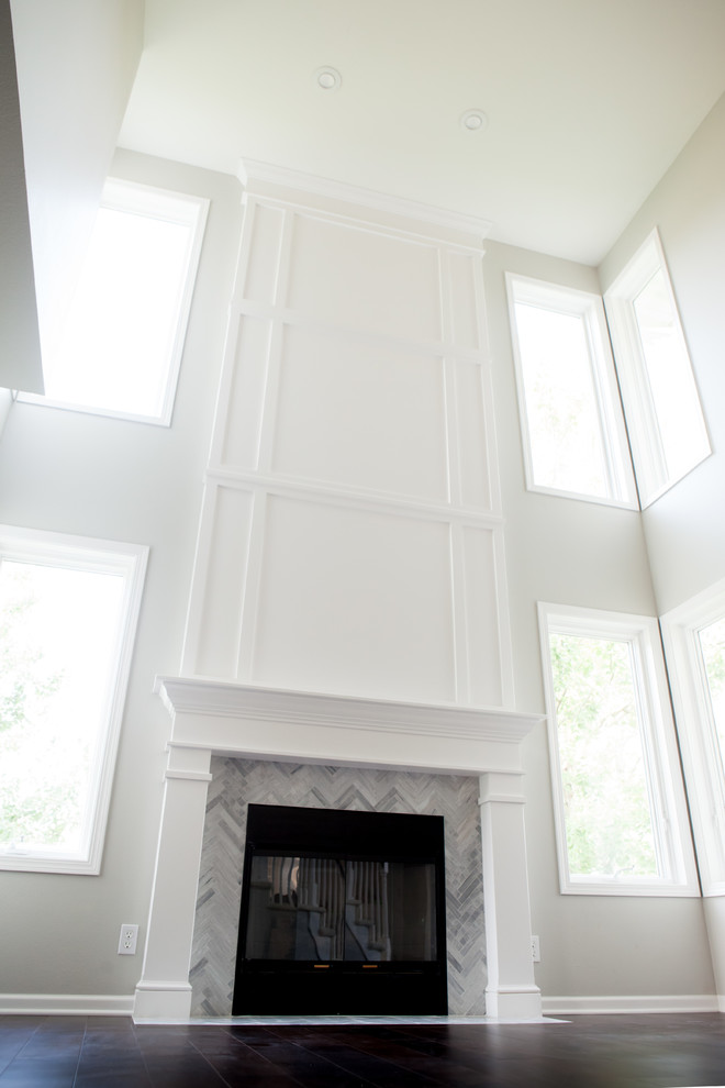 Home design - huge transitional formal and open concept dark wood floor and brown floor home design idea with gray walls, a standard fireplace, a tile fireplace and no tv
