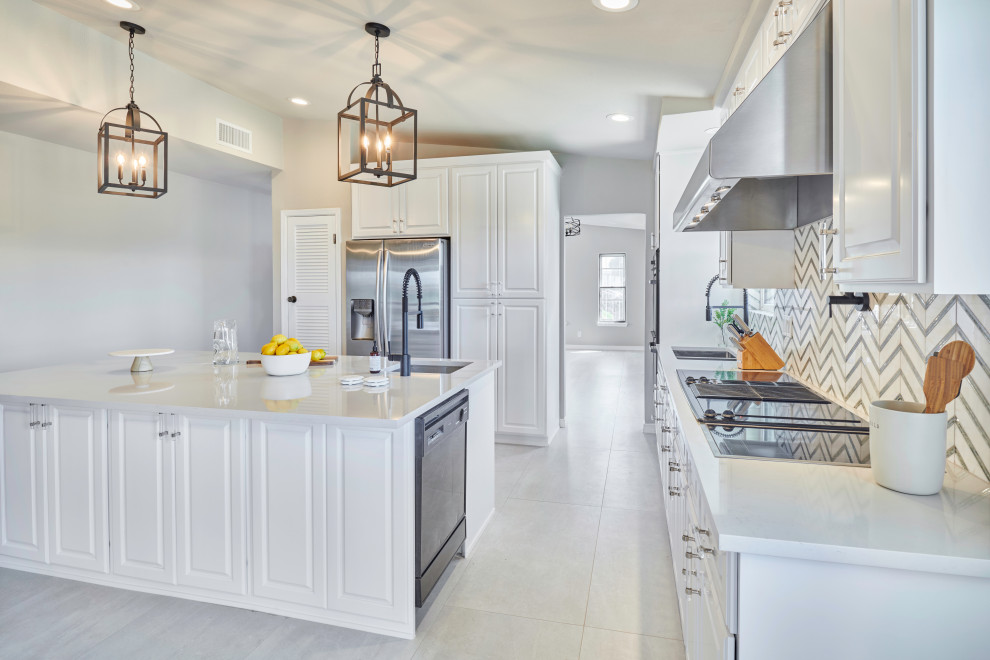Example of a small transitional l-shaped porcelain tile and gray floor eat-in kitchen design with an undermount sink, beaded inset cabinets, white cabinets, quartzite countertops, multicolored backsplash, glass sheet backsplash, black appliances, a peninsula and white countertops