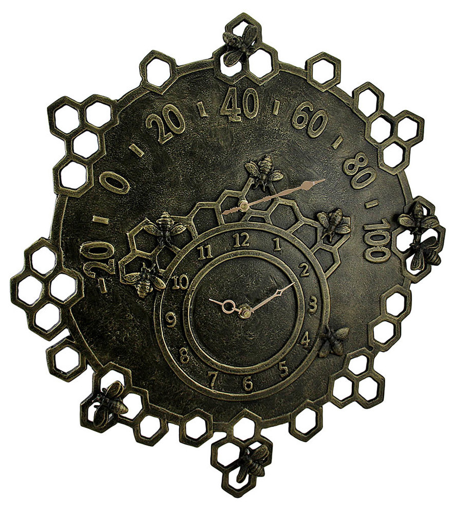 Busy Bees Bronze Finish Garden Clock and Thermometer, One Size