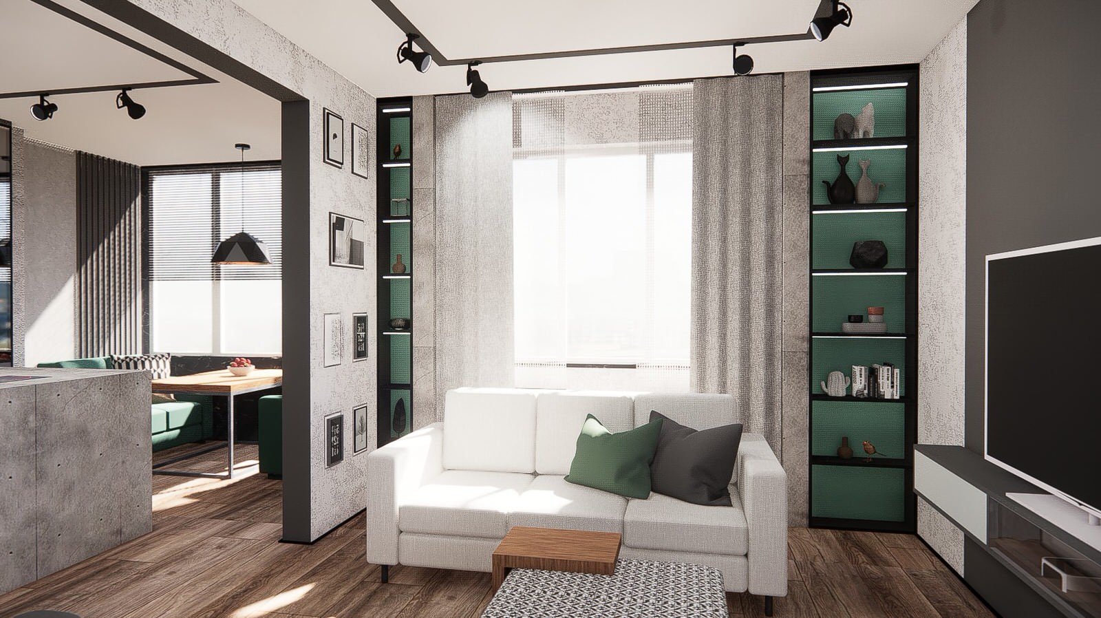 Графичный интерьер с элементами брутализма