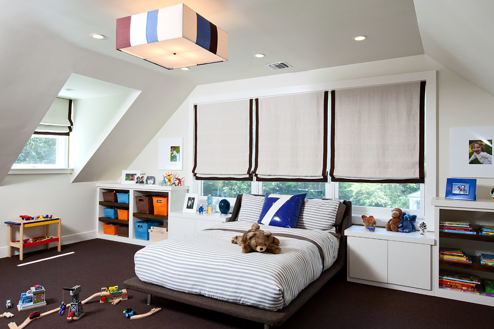 Inspiration for a contemporary kids' bedroom for kids 4-10 years old and boys in New York with white walls and carpet.