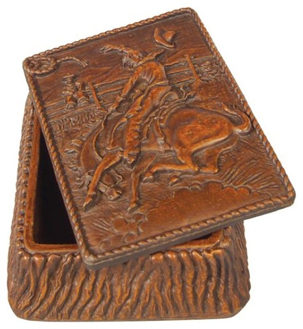 Box AMERICAN WEST Lodge Let 'R Buck Cowboy and Horse Resin Relief