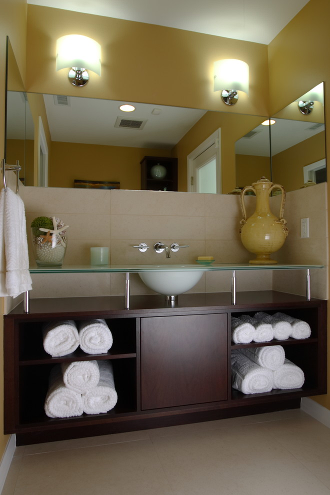 Design ideas for a mid-sized contemporary powder room in Houston with an undermount sink, open cabinets, brown cabinets, beige tile and beige floor.