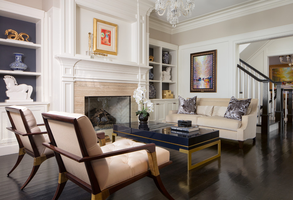This is an example of a large traditional formal enclosed living room in Chicago with white walls, dark hardwood floors, a standard fireplace, a stone fireplace surround, no tv and black floor.