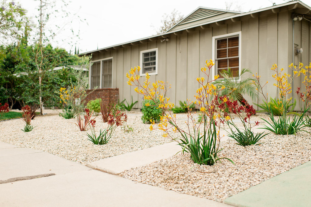 Inspiration for a mid-sized contemporary front yard full sun xeriscape for summer in Los Angeles with gravel.