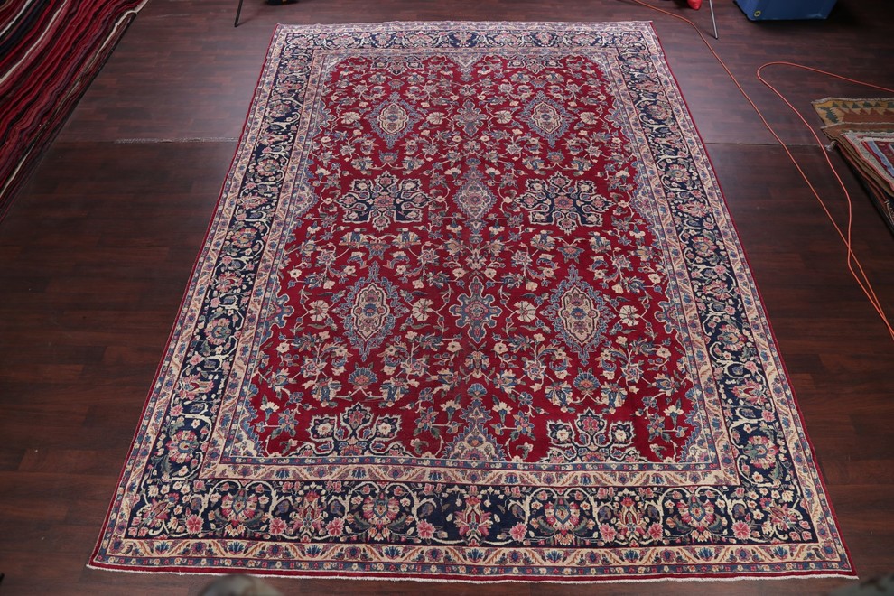 Consigned,Antique Hand Made Persian Floral Worn Oriental Rug, Red, 15'7