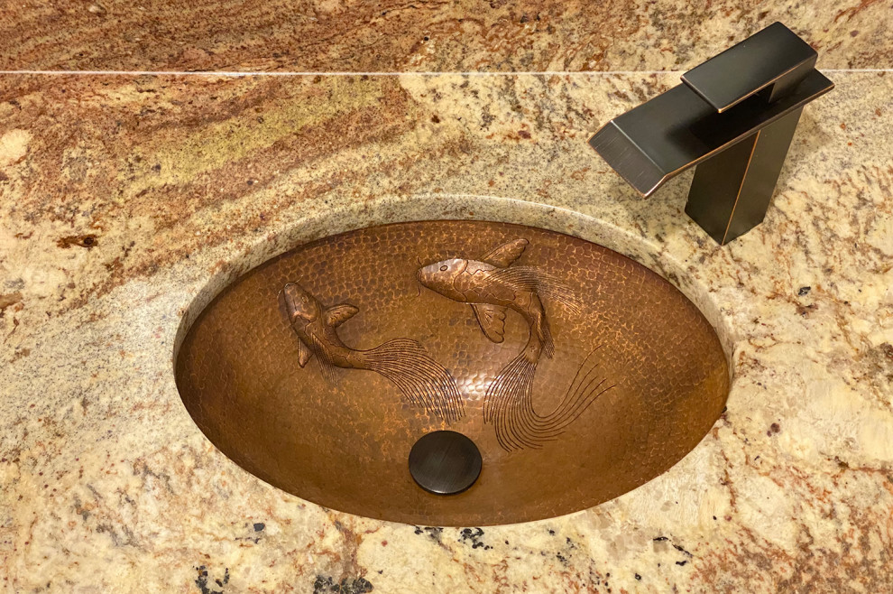 19" Oval Under Counter Hammered Copper Bathroom Sink with Koi Fish