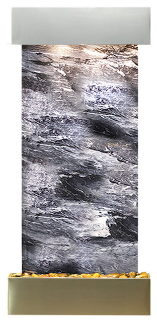 Cascade Springs Water Fountain, Black Spider Marble, Stainless Steel, Square