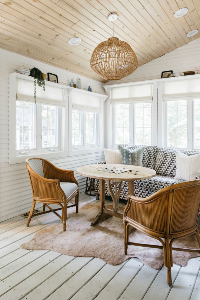 Inspiration for a beach style dining room in Denver with white walls, painted wood floors and white floor.