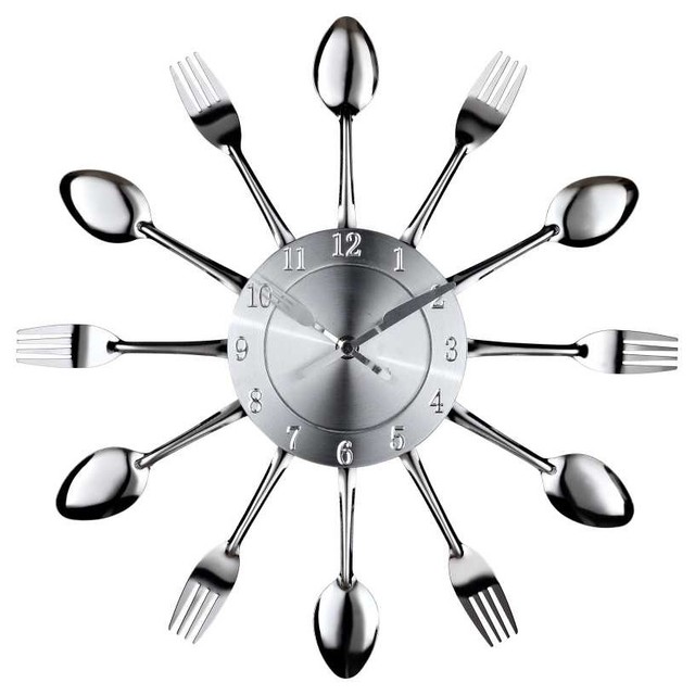 Fork and Spoon Wall Clock in Silver