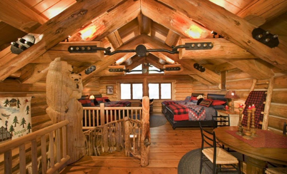 Huge mountain style loft-style bedroom photo