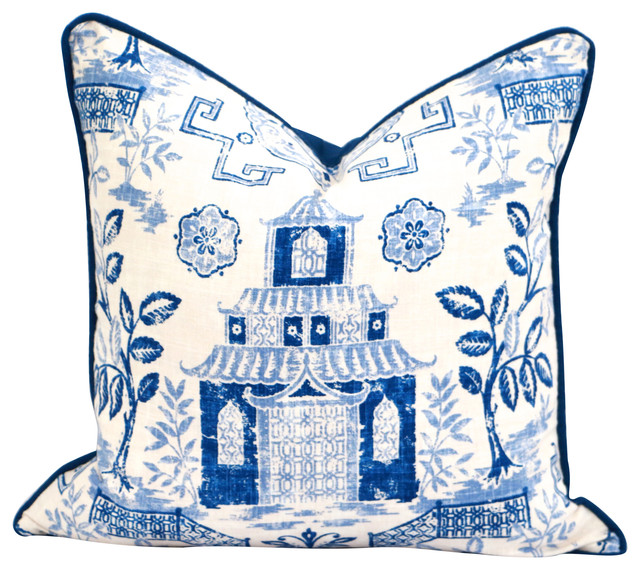 Toile Linen Pillow Cover Blue White With Contrast Blue Cording