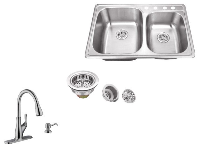 Double Bowl Drop In Kitchen Sink With Gooseneck Kitchen Faucet