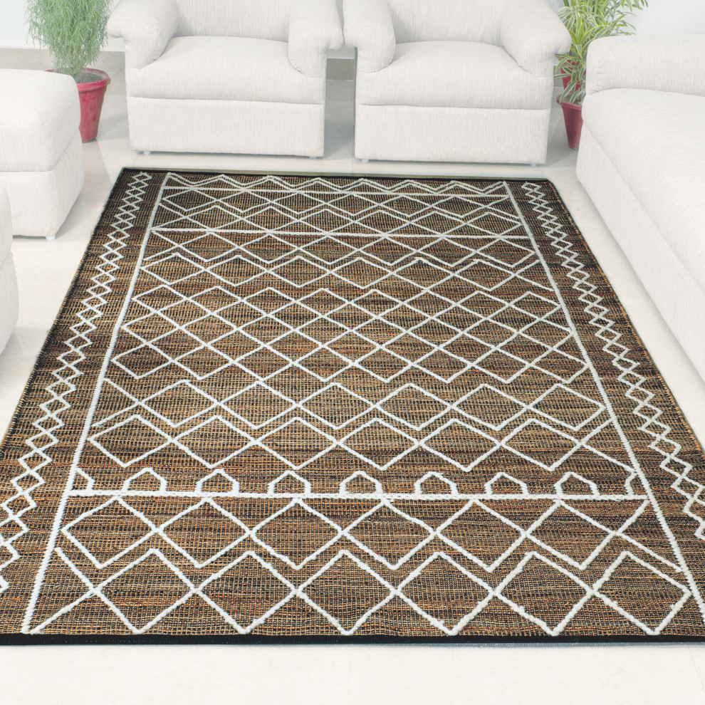 Hand Woven Brown and Burghundy Diamond Patterned Jute Rug by Tufty Home