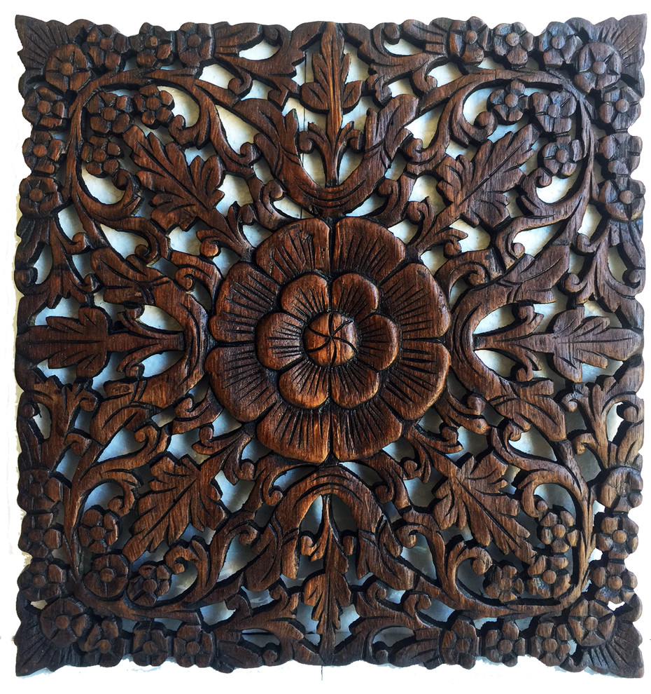 Square HandCarved Teak Panel Asian Wall Accents by Asian Art Imports