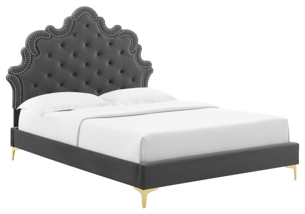 Sasha ButtonTufted Performance Velvet Full Bed, Charcoal