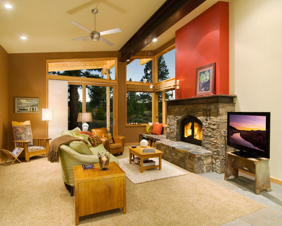 Design ideas for a contemporary living room in Sacramento with a stone fireplace surround.