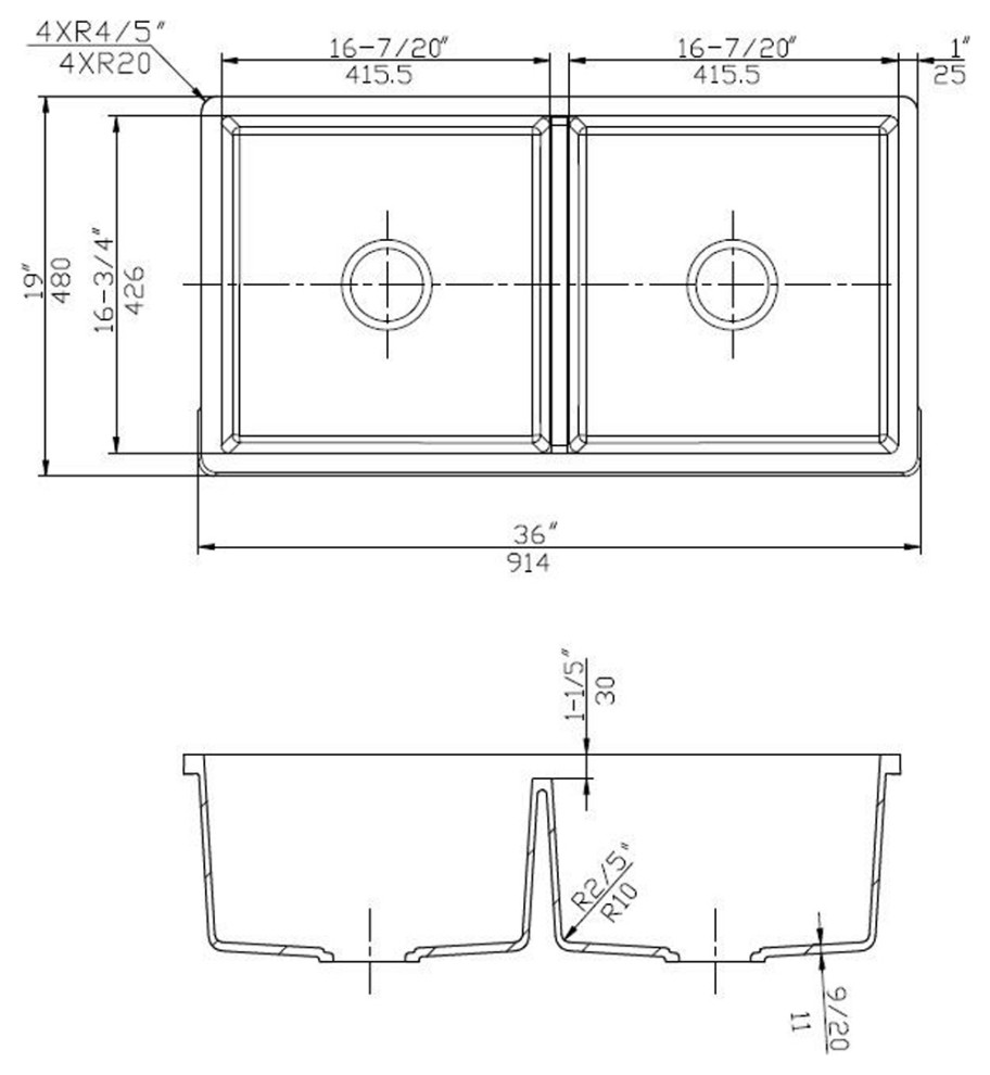 36in. W White Granite Kitchen Sink, Granite Finish, 16 Gauge Contemporary Kitchen Sinks