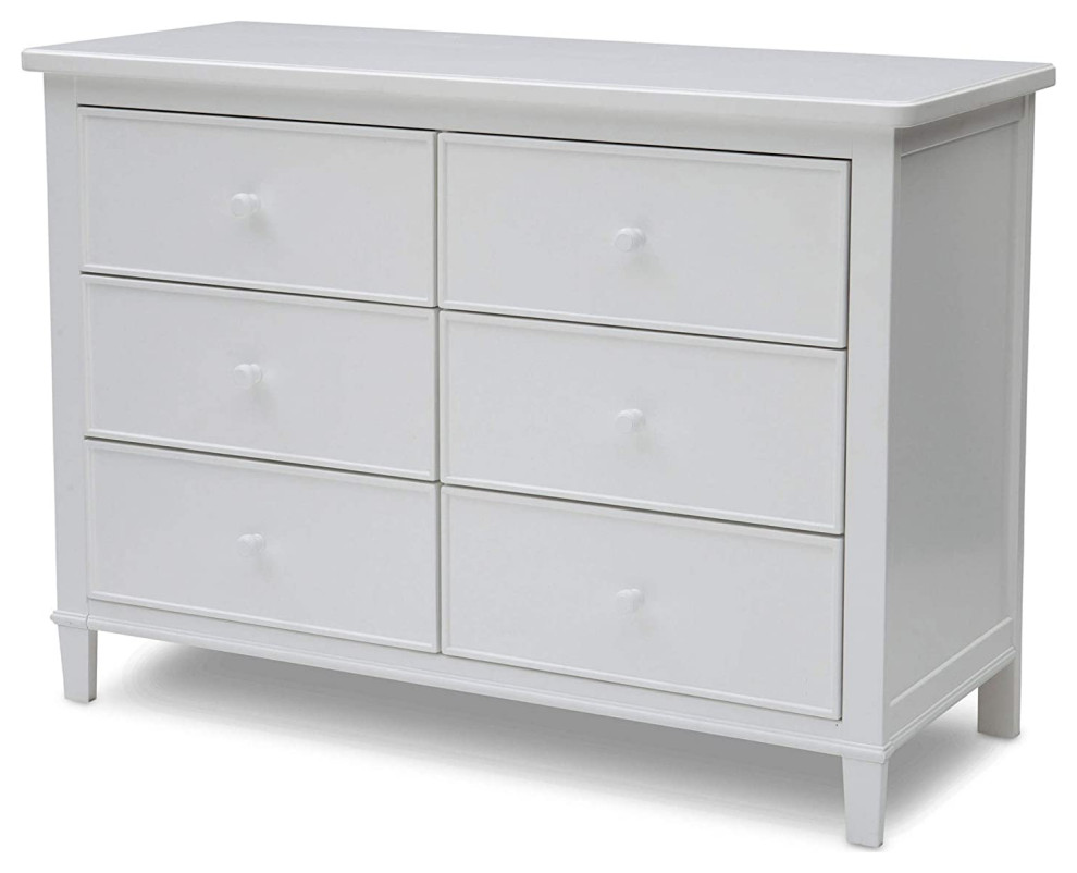 Traditional Dresser, 6 Drawers and Top With Rounded Edges, White Finish
