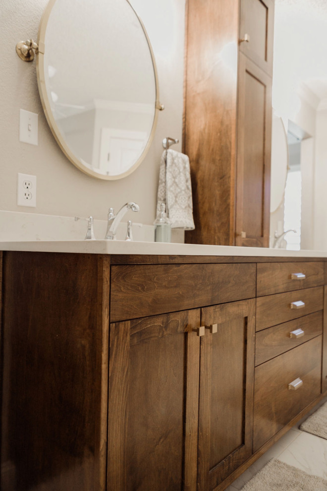 Mid-sized minimalist master white tile porcelain tile and white floor freestanding bathtub photo in Dallas with flat-panel cabinets, brown cabinets, white walls, quartzite countertops, a hinged shower door and white countertops