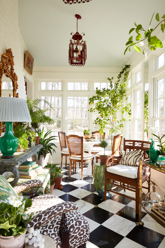 This is an example of a mid-sized traditional sunroom in Philadelphia with marble floors, a standard ceiling and multi-coloured floor.