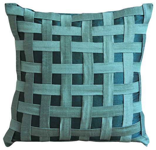 Peacock Green N Teal Basket Weave, 22"x22" Art Silk Teal Blue Pillows Cover