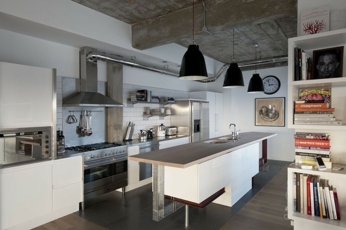 Design ideas for a large industrial single-wall open plan kitchen in Madrid with a double-bowl sink and with island.