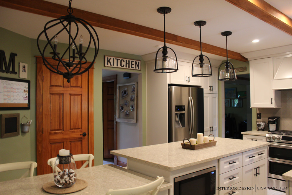 Mid-sized mountain style l-shaped ceramic tile and beige floor eat-in kitchen photo with a double-bowl sink, shaker cabinets, white cabinets, quartz countertops, beige backsplash, ceramic backsplash, stainless steel appliances, an island and beige countertops