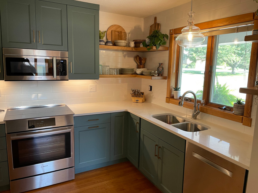 Photo of a mid-sized transitional kitchen pantry in Other with quartz benchtops.