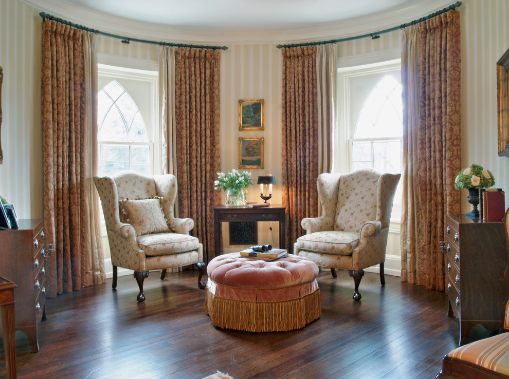 Design ideas for a traditional living room in Philadelphia with dark hardwood floors.