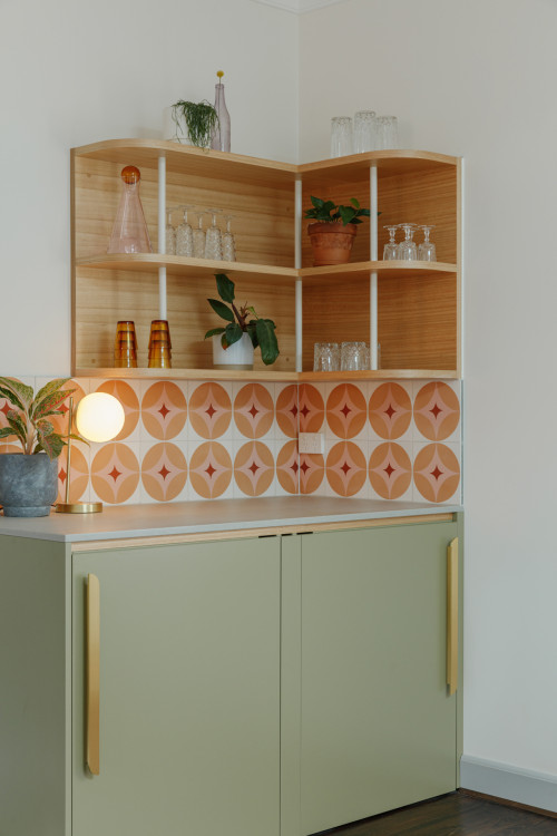 Green Cabinets and Gold Accents in Scandinavian Home Bar - Stylish Retro Kitchen Ideas