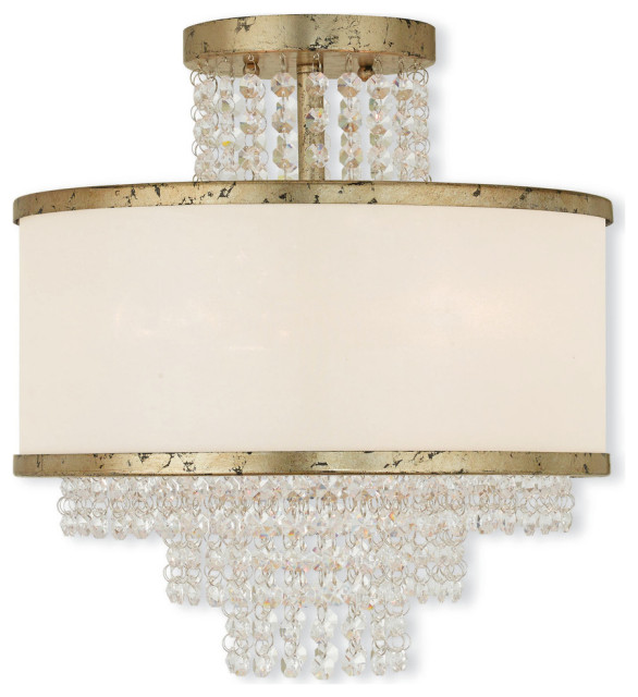 Ceiling Mount With Clear Crystals and Off-White Sheer Organza Shade