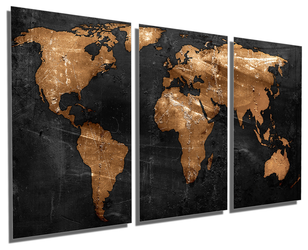 Bronze Black World Map Metal print wall art. 3 Panel split, Triptych HD