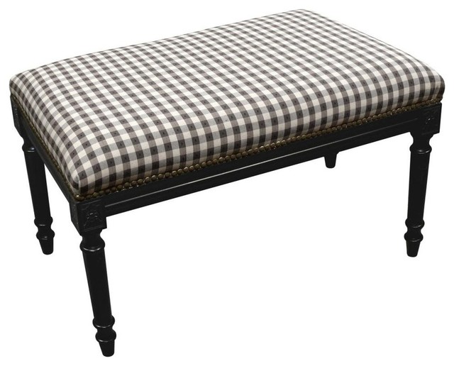 Black Plaid Upholstered Wooden Bench Matte Black Finish