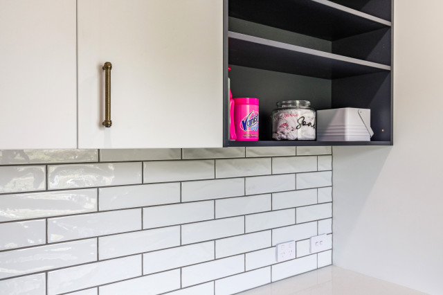 Combination open shelves & chupboards traditional-laundry-room
