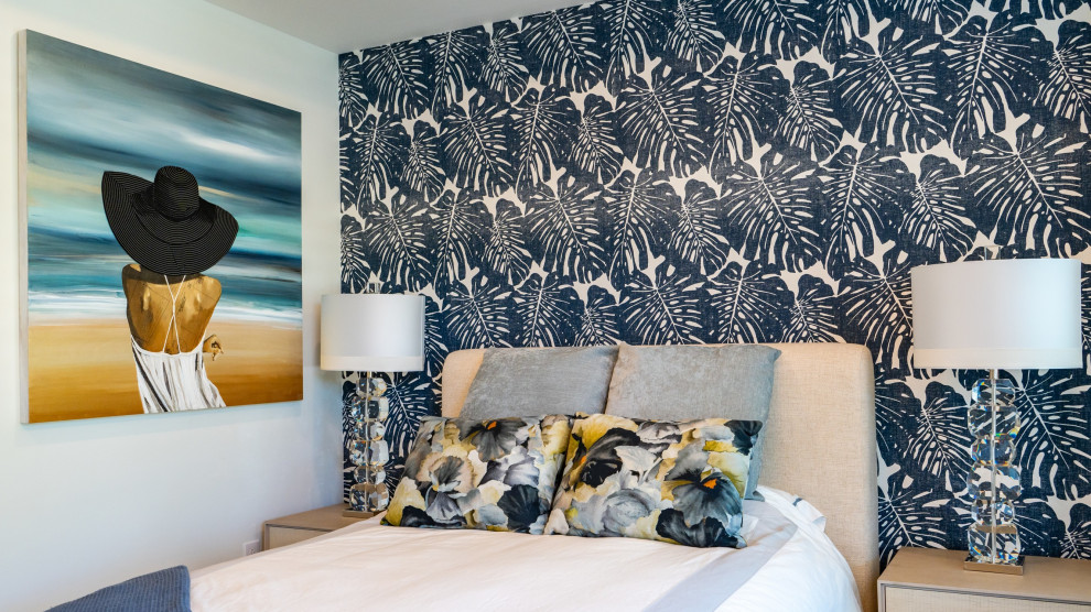 Стильный дизайн: гостевая спальня среднего размера, (комната для гостей) в стиле модернизм с серыми стенами без камина - последний тренд