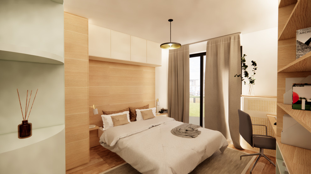 This is an example of a mid-sized contemporary master bedroom in Paris with light hardwood floors.